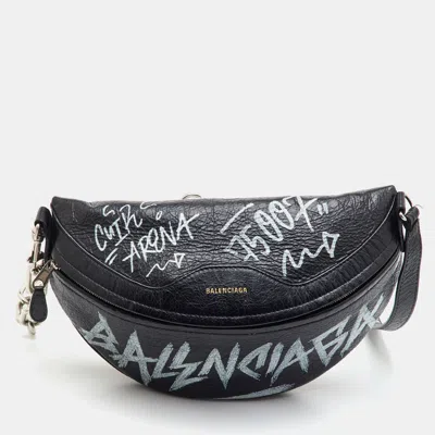 Pre-owned Balenciaga All Over Xs Souvenir Black Agneau Arena Graffiti Leather Belt Bag