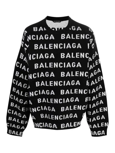 Balenciaga Allover Logo Crewneck Sweater In Black