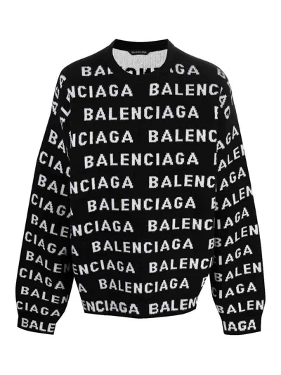 Balenciaga All-over Logo Intarsia Knit Jumper In Black