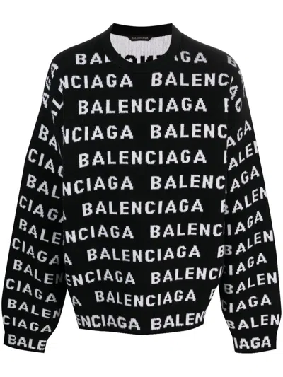 Balenciaga Allover Logo Crewneck Sweater In Black