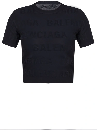 Balenciaga Allover Logo Cropped Pullover In Black