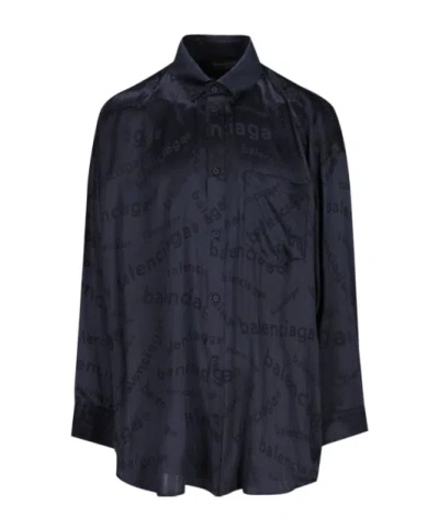Balenciaga Allover Logo Long-sleeved Shirt In Black