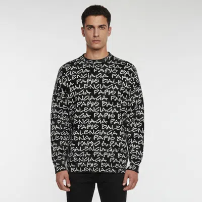 Pre-owned Balenciaga All-over Logo Print Wool Intarsia Knit Crewneck Sweater S In Black