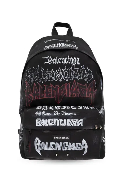 Balenciaga Allover Logo Printed Explorer Backpack In Black