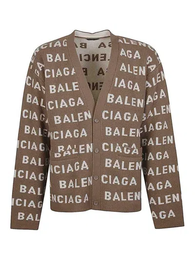 Balenciaga Allover Logo Wool Cardigan In Tan
