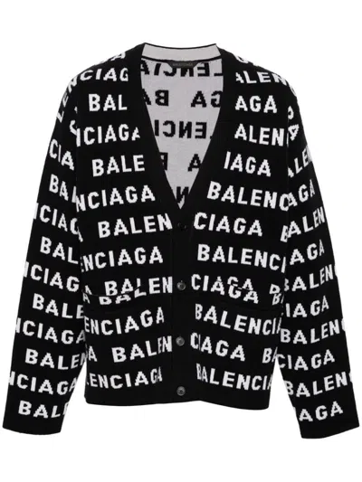 Balenciaga Allover Logo Wool Cardigan In Black