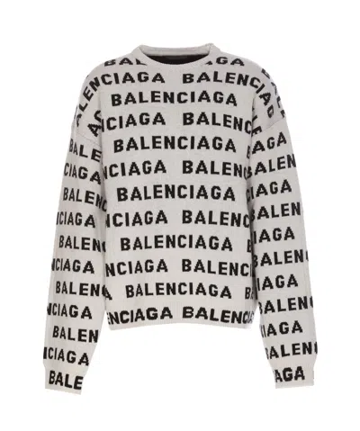Balenciaga Allover Logo Wool Crewneck Jumper In White