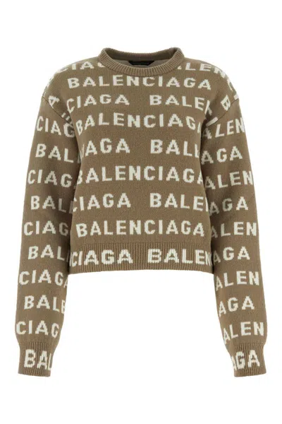 Balenciaga Allover Logo Wool Cropped Sweater In Beige