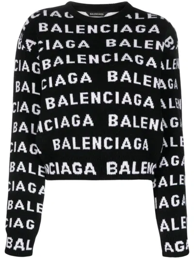 Balenciaga Allover Logo Wool Cropped Sweater In Black