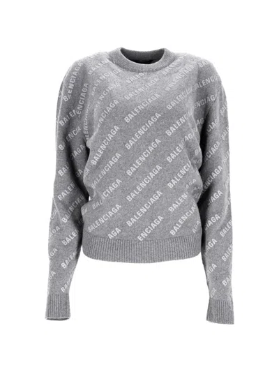 Pre-owned Balenciaga All-over-logo Wool Sweater In Gray