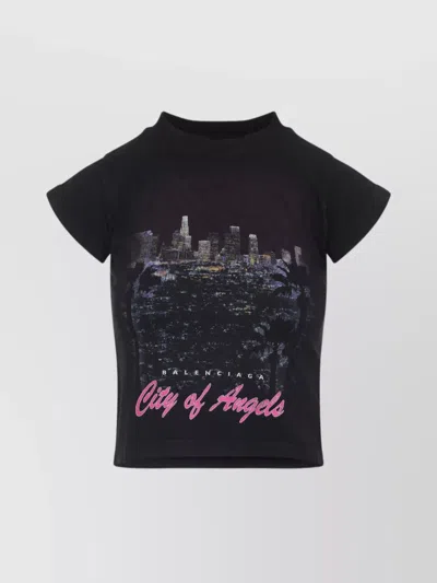 Balenciaga Angels City Graphic Print Cropped T-shirt In Black