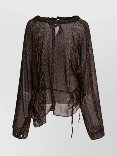 Balenciaga Animal Print Sheer Fabric Long Sleeve Top In Brown