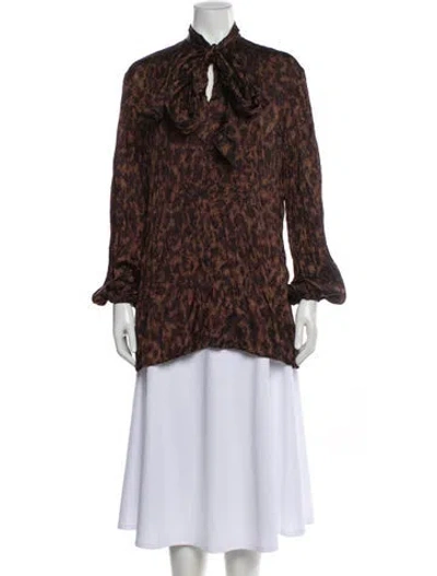 Pre-owned Balenciaga Animal Print Tie Neck Blouse In Brown