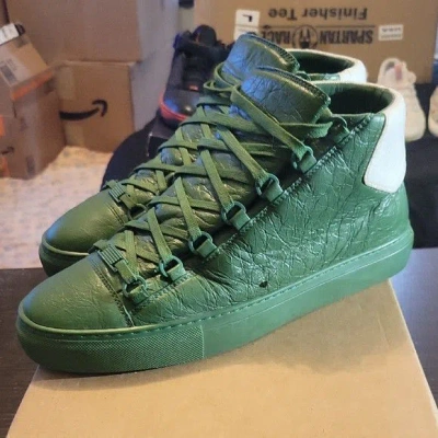 Pre-owned Balenciaga Arena Green 9 Leather High Tops White Shoes