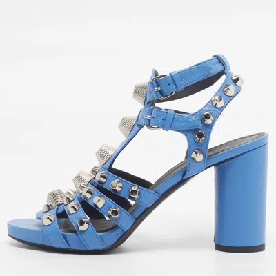 Pre-owned Balenciaga Arena Size 37 Blue Leather Studded Gladiator Block Heel Sandals