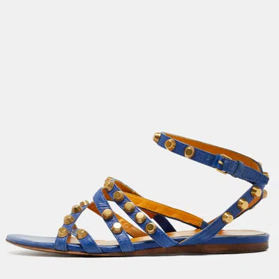 Pre-owned Balenciaga Arena Size 38 Blue Leather Ankle Strap Flats