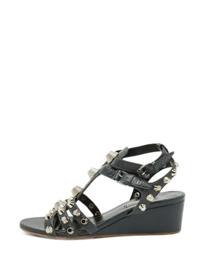 Pre-owned Balenciaga Arena Studded Wedge Sandals In Gray