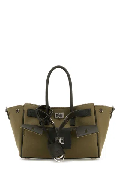 Balenciaga Army Green Canvas Medium Carry All Bel Air Handbag In Brown