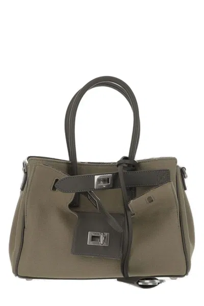 Balenciaga Army Green Canvas Carry All Bel Air Shopping Bag In Brown