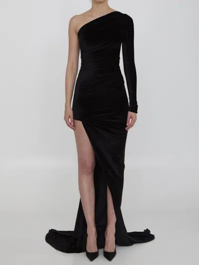 Balenciaga One-shoulder Asymmetric Velvet Dress In Black
