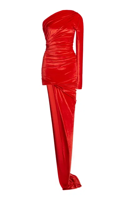 Balenciaga One-sleeve Asymmetric Velvet Maxi Dress In Red