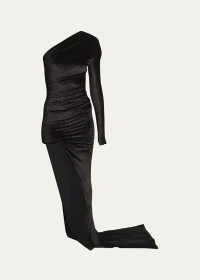 Balenciaga Asymmetric One-shoulder Velvet Dress In Noir