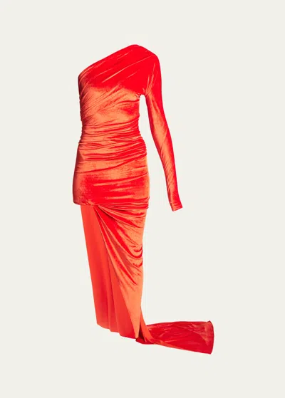 Balenciaga Asymmetric One-shoulder Velvet Dress In Red