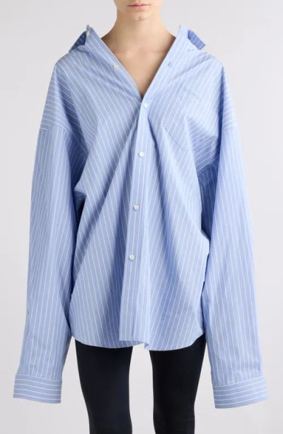 Balenciaga Asymmetric Oversize Stripe Button-up Shirt In Sky Blue/ White