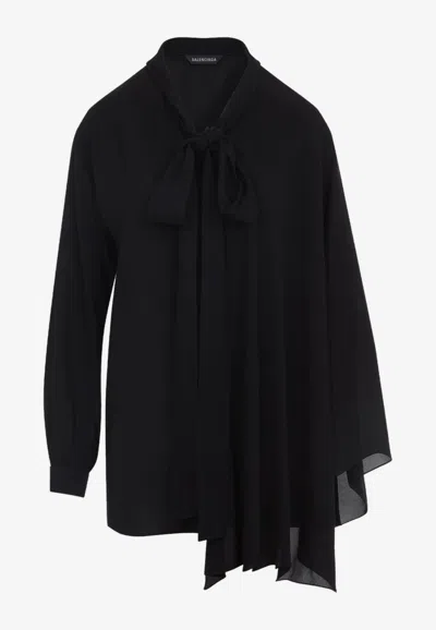 Balenciaga Asymmetric Silk Scarf Blouse In Black