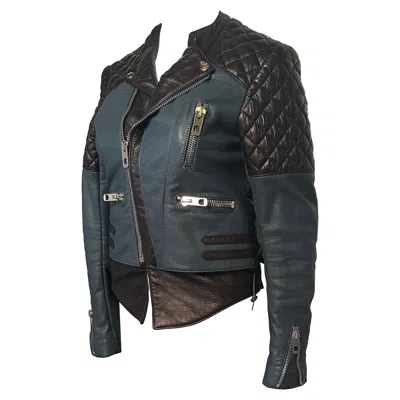 Pre-owned Balenciaga Authentic .leather Aw11 Quilted Biker Jacket It 36 Black & Blue Rare