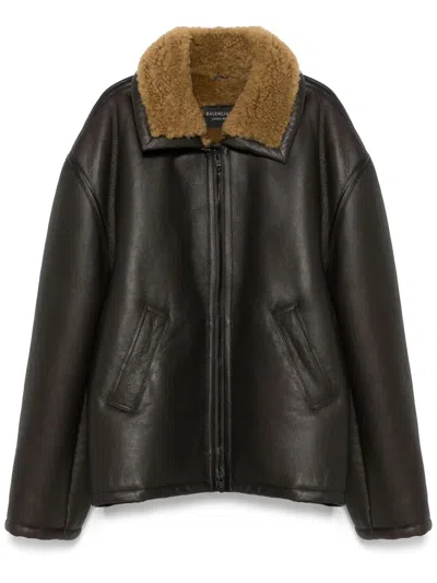 Balenciaga Aviator Leather Jacket In Brown