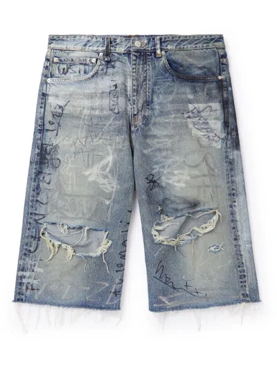 Pre-owned Balenciaga Aw23  Denim Distressed Paint Graffiti Shorts