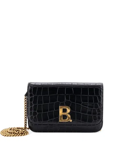 Pre-owned Balenciaga B Dot Wallet On Chain Crocodile Embossed Leather Crossbody Bag In Black