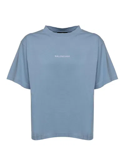 Balenciaga Logo Embroidered Cotton Jersey T-shirt In Blue