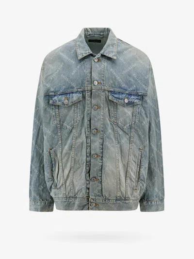 Balenciaga Giubbino Bal Diagonal In Denim Con Logo All-over In Blue