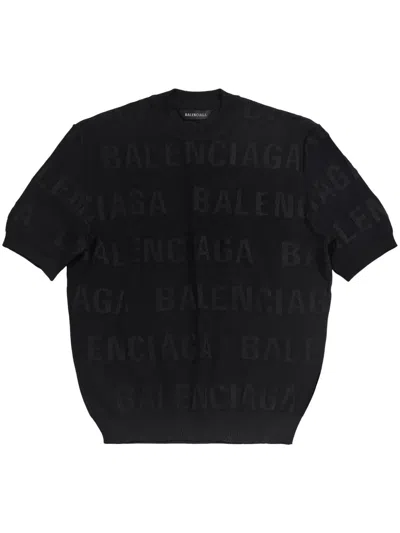 Balenciaga Allover Logo Cropped Pullover In Black