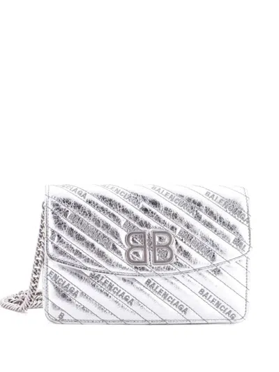 Pre-owned Balenciaga Bb Chain Wallet Embossed Leather Crossbody Bag In Silver