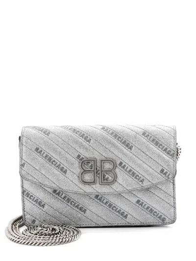 Pre-owned Balenciaga Bb Chain Wallet Quilted Embroidered Glitter Crossbody Bag In Silver