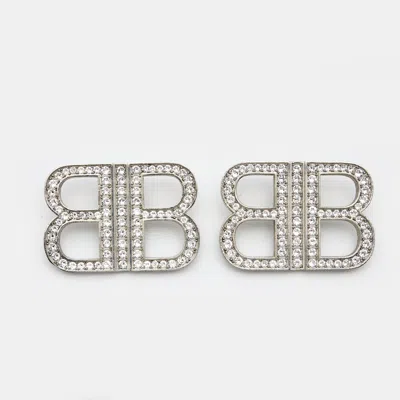 Pre-owned Balenciaga Bb Crystals Silver Tone Earrings