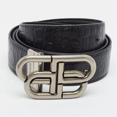 Pre-owned Balenciaga Bb Cut To Size Reversible Belt Black Crocodile Embossed Leather