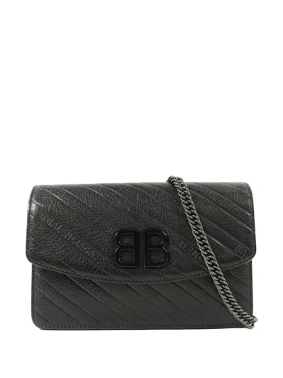 Pre-owned Balenciaga Bb Diagonal-logo Chain Wallet In Black
