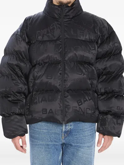 Balenciaga Men Nylon Down Jacket With All-over Lettering Logo In Black