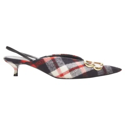 Pre-owned Balenciaga Bb Knife Gold Logo Red Black Plaid Wool Sling Kitten Pump Eu38.5