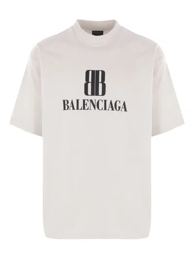 Balenciaga White Crewneck T-shirt With Logo Print On The Front In Cotton Man
