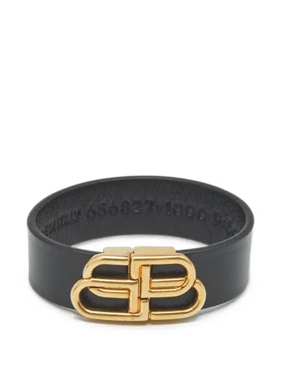Pre-owned Balenciaga Bb Logo Leather Bracelet In Black