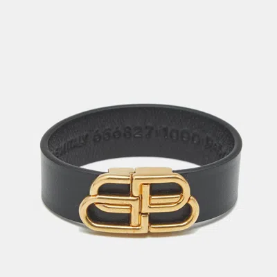 Pre-owned Balenciaga Bb Logo Leather Gold Tone Bracelet