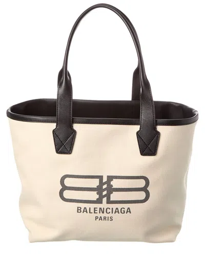 Balenciaga Women's Leather Trim Logo Jumbo Canvas Tote Bag In Black