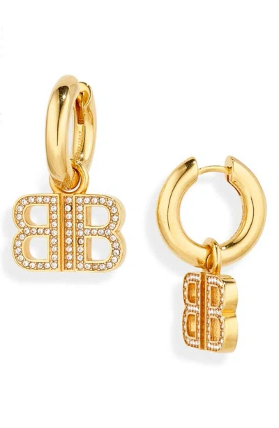 Balenciaga Bb Logo Rhinestone Hoop Earrings In Gold/ Crystal