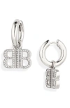 Balenciaga Bb Logo Rhinestone Hoop Earrings In Silver/ Crystal