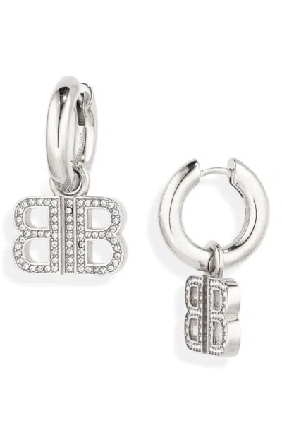 Balenciaga Bb Logo Rhinestone Hoop Earrings In Silver/ Crystal